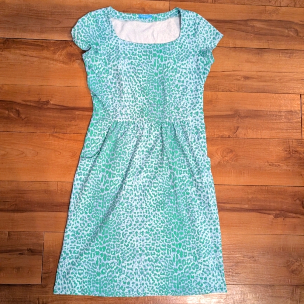 J. McLaughlin Blue & Green Leopard Mini Dress, Pockets Square Neckline Sz S